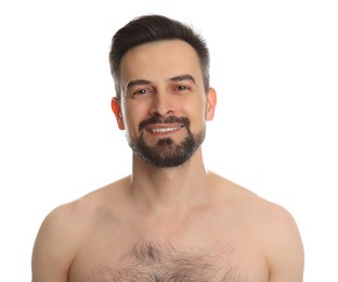 Photo of Smiling man before shaving on white background
