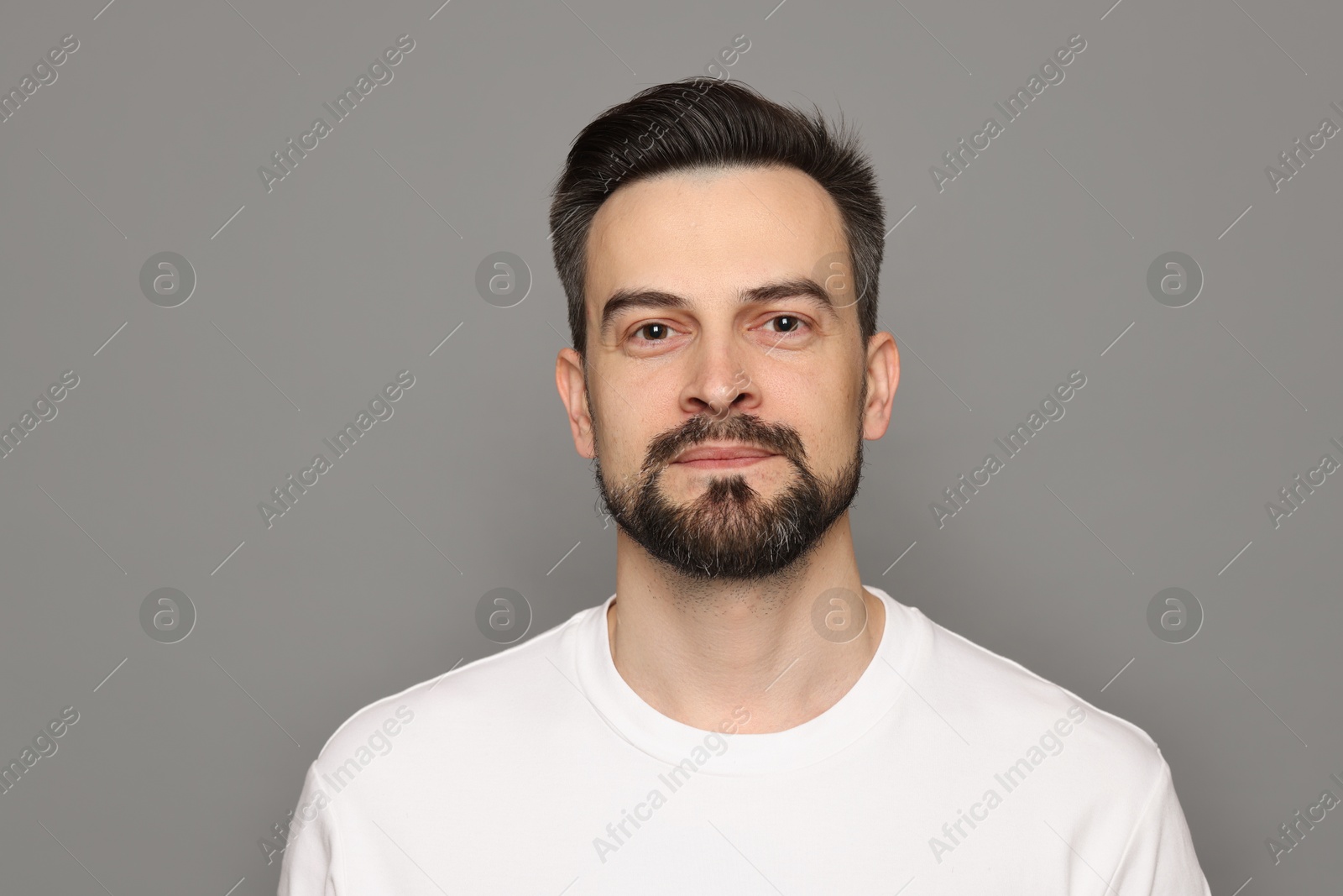 Photo of Handsome man before shaving on grey background