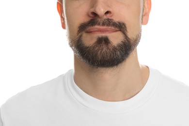 Photo of Man before shaving on white background, closeup