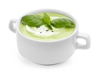 Photo of Tasty pea cream soup with basil isolated on white