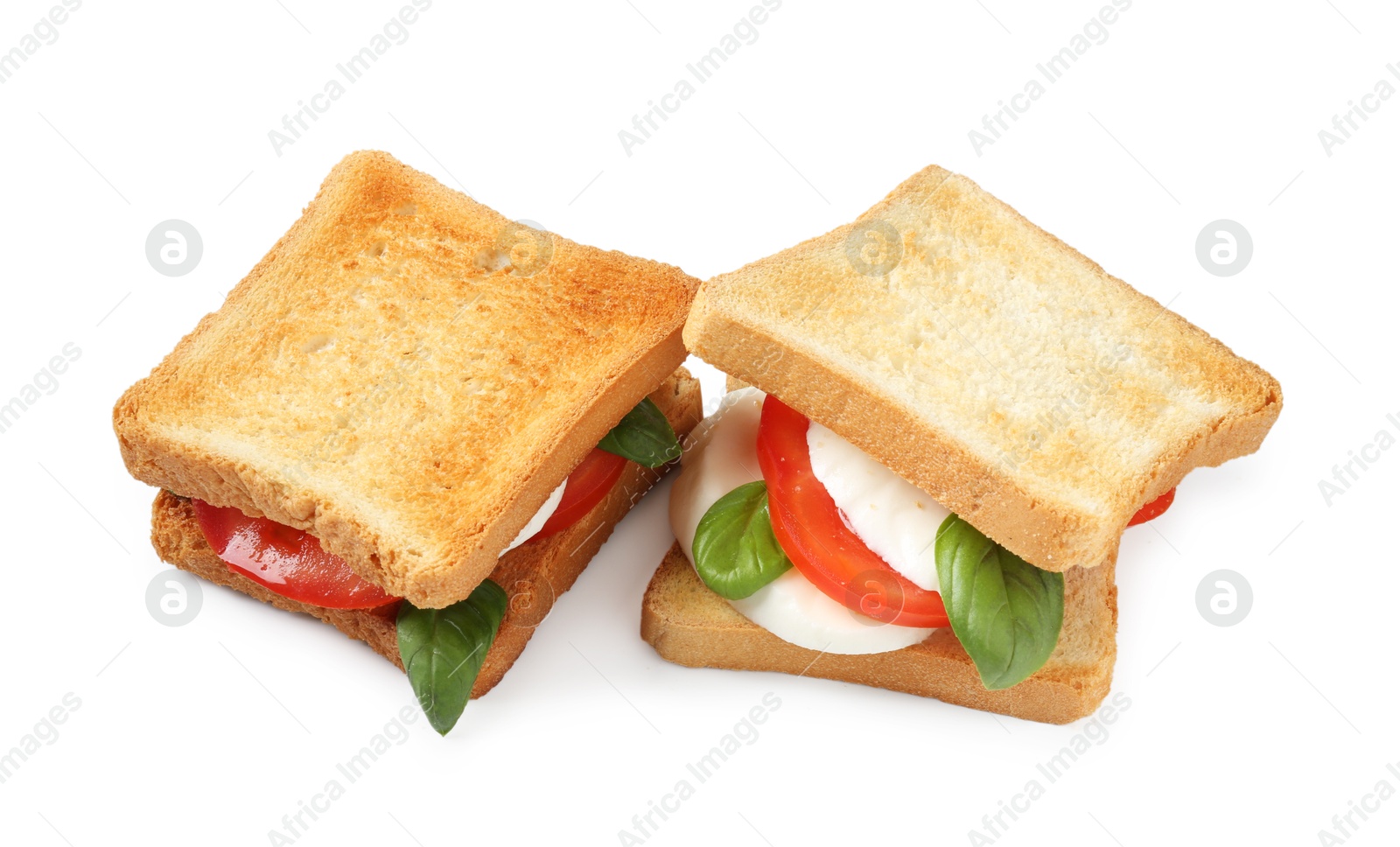 Tasty sandwiches with mozzarella cheese, tomatoes and basil on white background, above view Photo of Tasty sandwiches with mozzarella cheese, tomatoes and basil on white background, above view