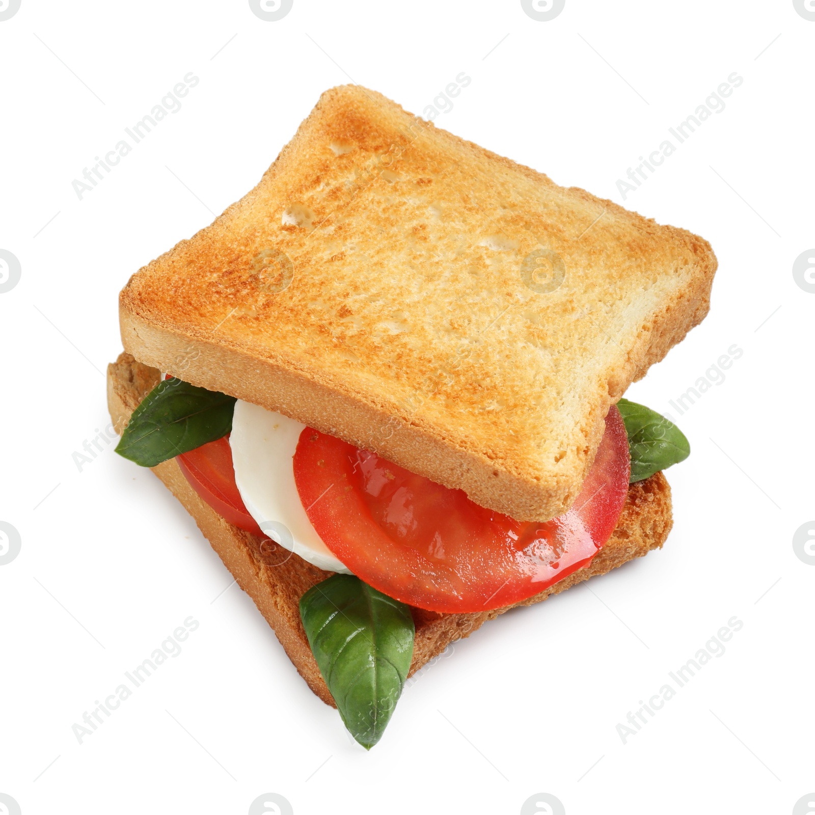 Tasty sandwich with mozzarella cheese, tomato and basil on white background, above view Photo of Tasty sandwich with mozzarella cheese, tomato and basil on white background, above view