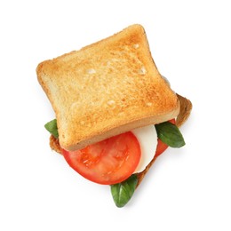 Photo of Tasty sandwich with mozzarella cheese, tomato and basil on white background, top view