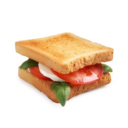 Photo of Tasty sandwich with mozzarella cheese, tomato and basil on white background