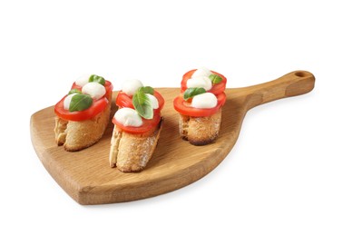 Photo of Tasty sandwiches with mozzarella cheese, tomatoes and basil on white background
