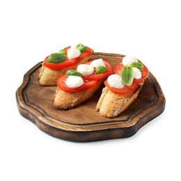 Photo of Tasty sandwiches with mozzarella cheese, tomatoes and basil on white background
