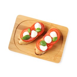 Photo of Tasty sandwiches with mozzarella cheese, tomatoes and basil on white background, top view