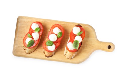 Photo of Tasty sandwiches with mozzarella cheese, tomatoes and basil on white background, top view