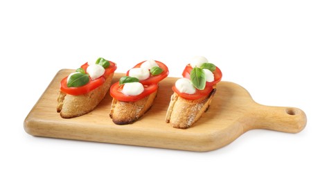 Photo of Tasty sandwiches with mozzarella cheese, tomatoes and basil on white background