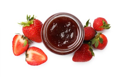 Photo of Sweet jam in jar and strawberries isolated on white, top view