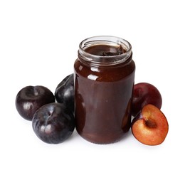 Photo of Sweet jam in jar and plums isolated on white