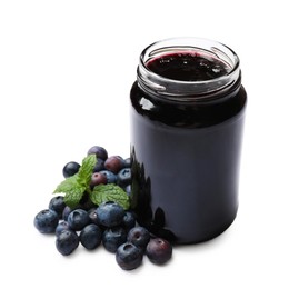 Photo of Sweet jam in jar, blueberries and mint isolated on white