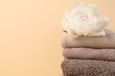 Photo of Stack of towels and peony flower on beige background, closeup. Space for text
