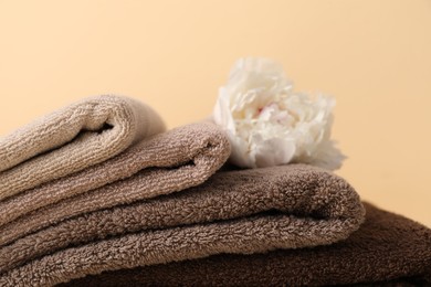 Photo of Soft towels and peony flower on beige background, closeup