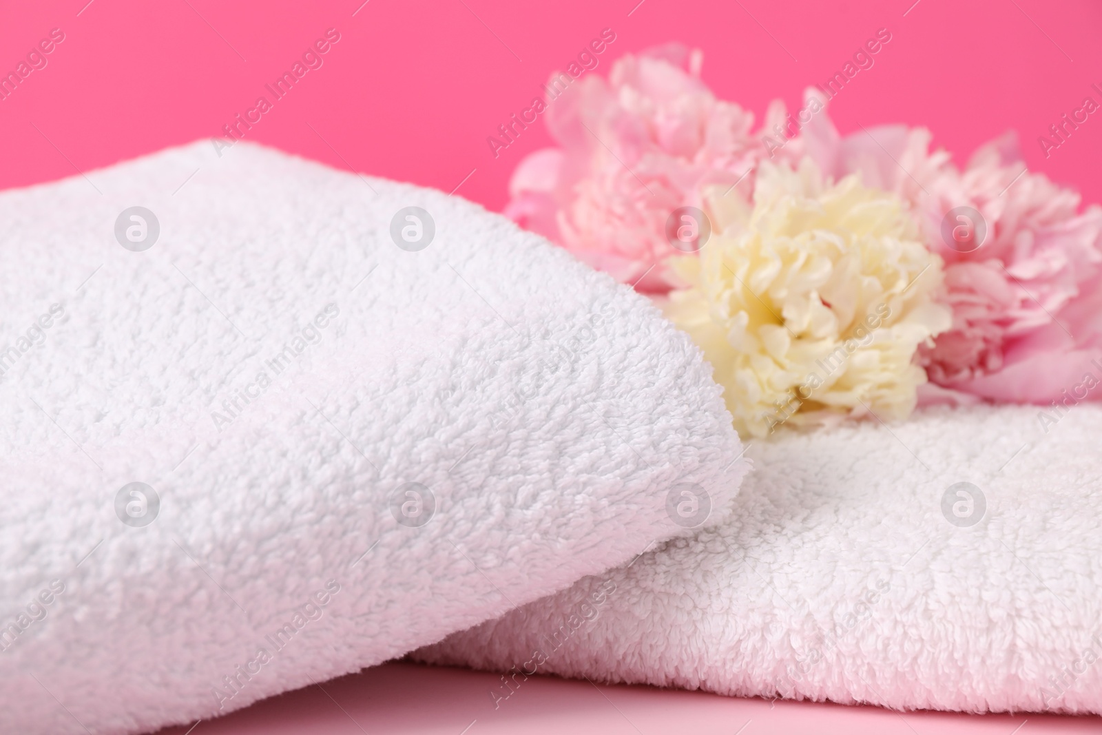 Soft towels and peony flowers on pink background, closeup Photo of Soft towels and peony flowers on pink background, closeup