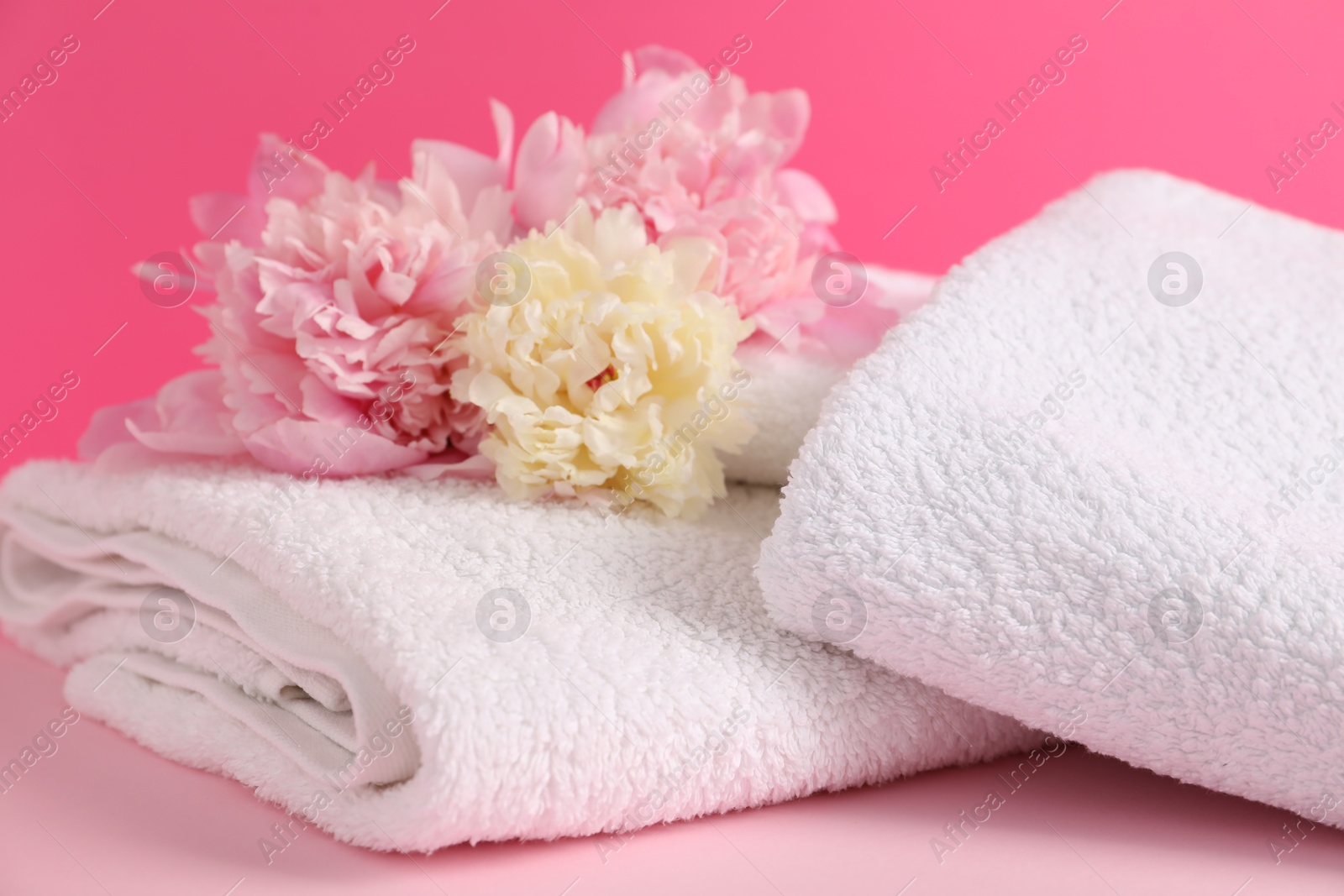 Soft towels and peony flowers on pink background, closeup Photo of Soft towels and peony flowers on pink background, closeup