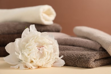 Photo of Soft towels and peony flower on beige table against brown background, closeup