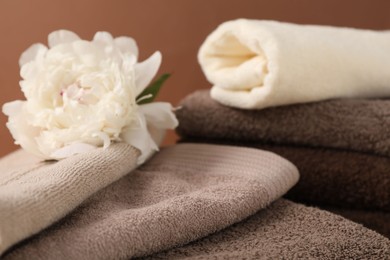 Photo of Soft towels and peony flower on brown background, closeup