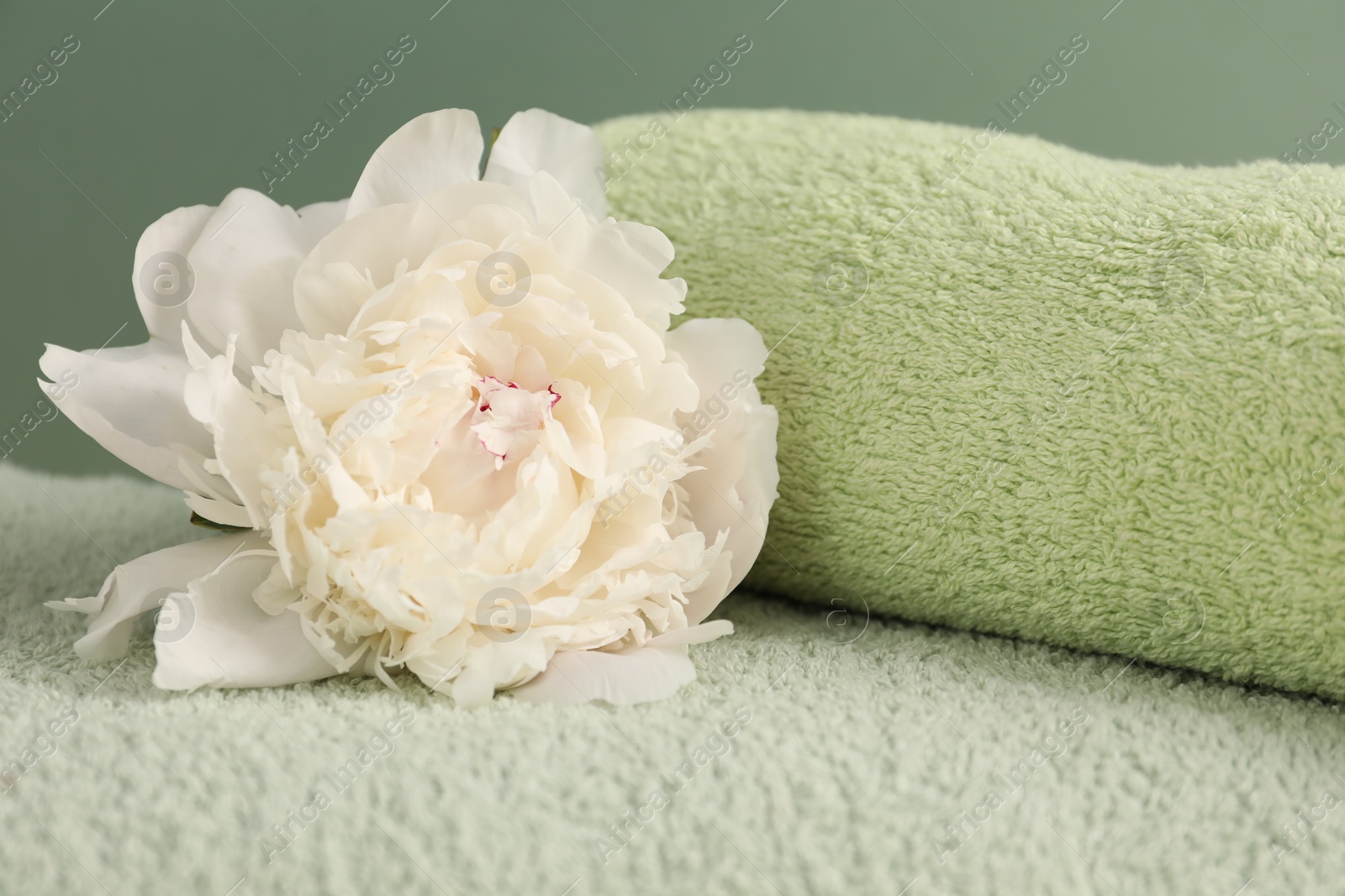 Soft towels and peony flower on green background, closeup Photo of Soft towels and peony flower on green background, closeup