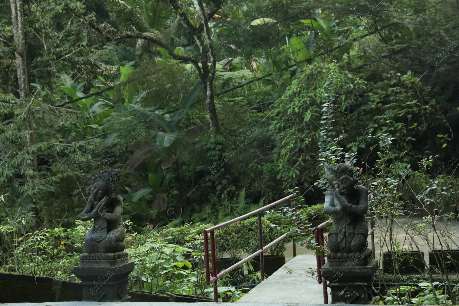 Beautiful ancient statues and different green plants in tropical park Photo of Beautiful ancient statues and different green plants in tropical park