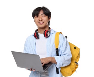 Photo of Student with headphones, laptop and backpack on white background
