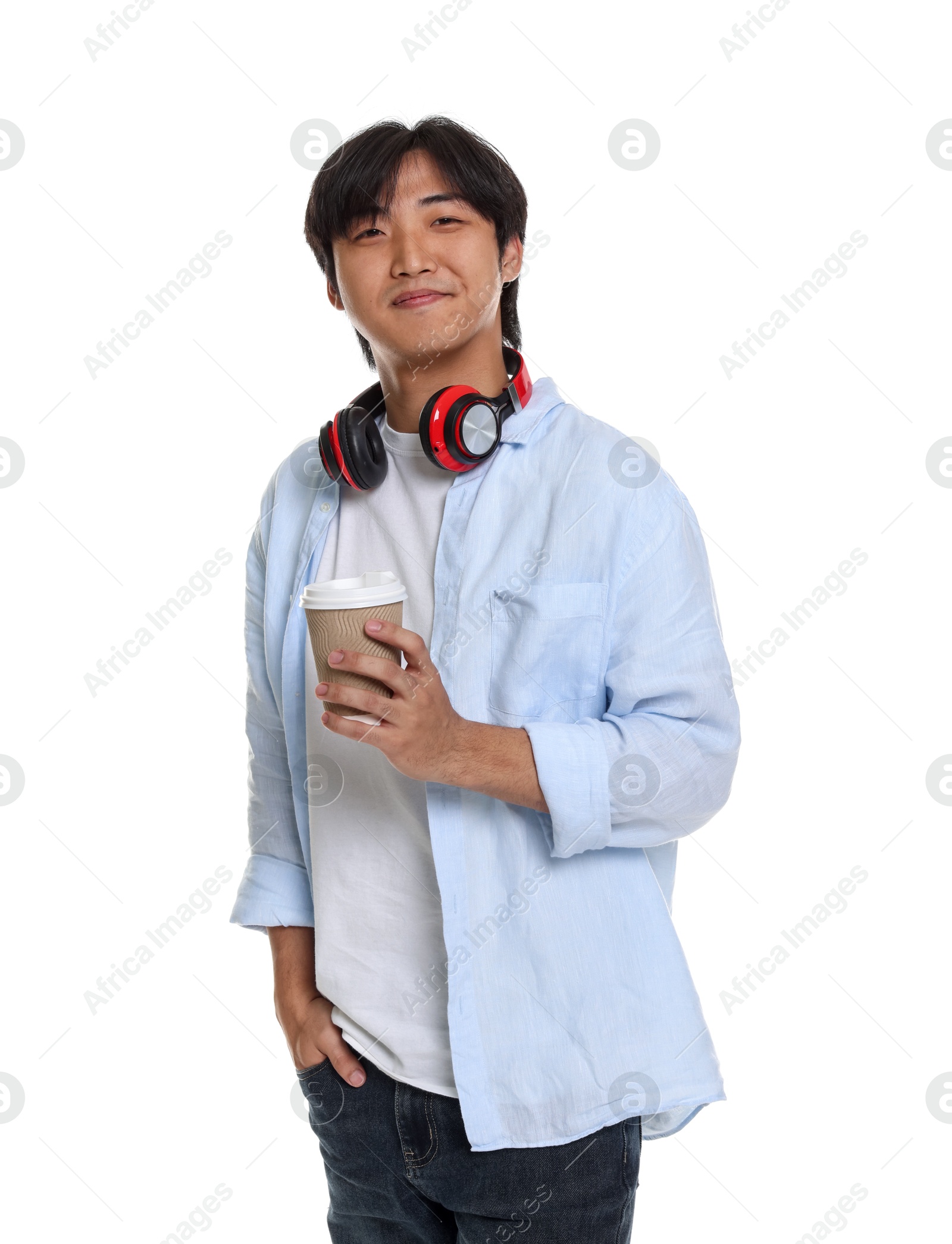 Student with headphones and coffee on white background Photo of Student with headphones and coffee on white background