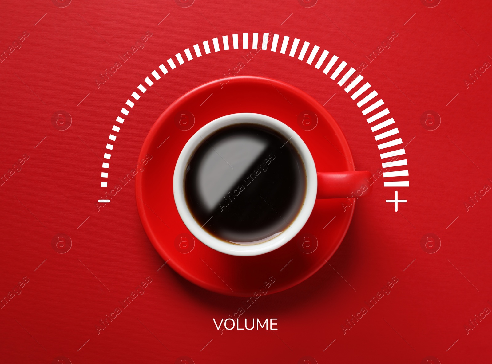Coffee and volume of energy gauge scale on red background, top view. Handle of cup pointing at maximum. Stimulating property of caffeine Image of Coffee and volume of energy gauge scale on red background, top view. Handle of cup pointing at maximum. Stimulating property of caffeine