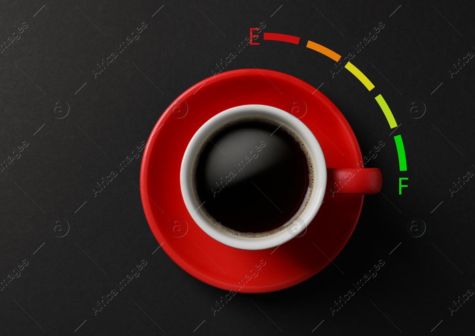 Coffee and fuel gauge scale on black background, top view. Handle of cup pointing at Full mark. Energizing property of caffeine Image of Coffee and fuel gauge scale on black background, top view. Handle of cup pointing at Full mark. Energizing property of caffeine