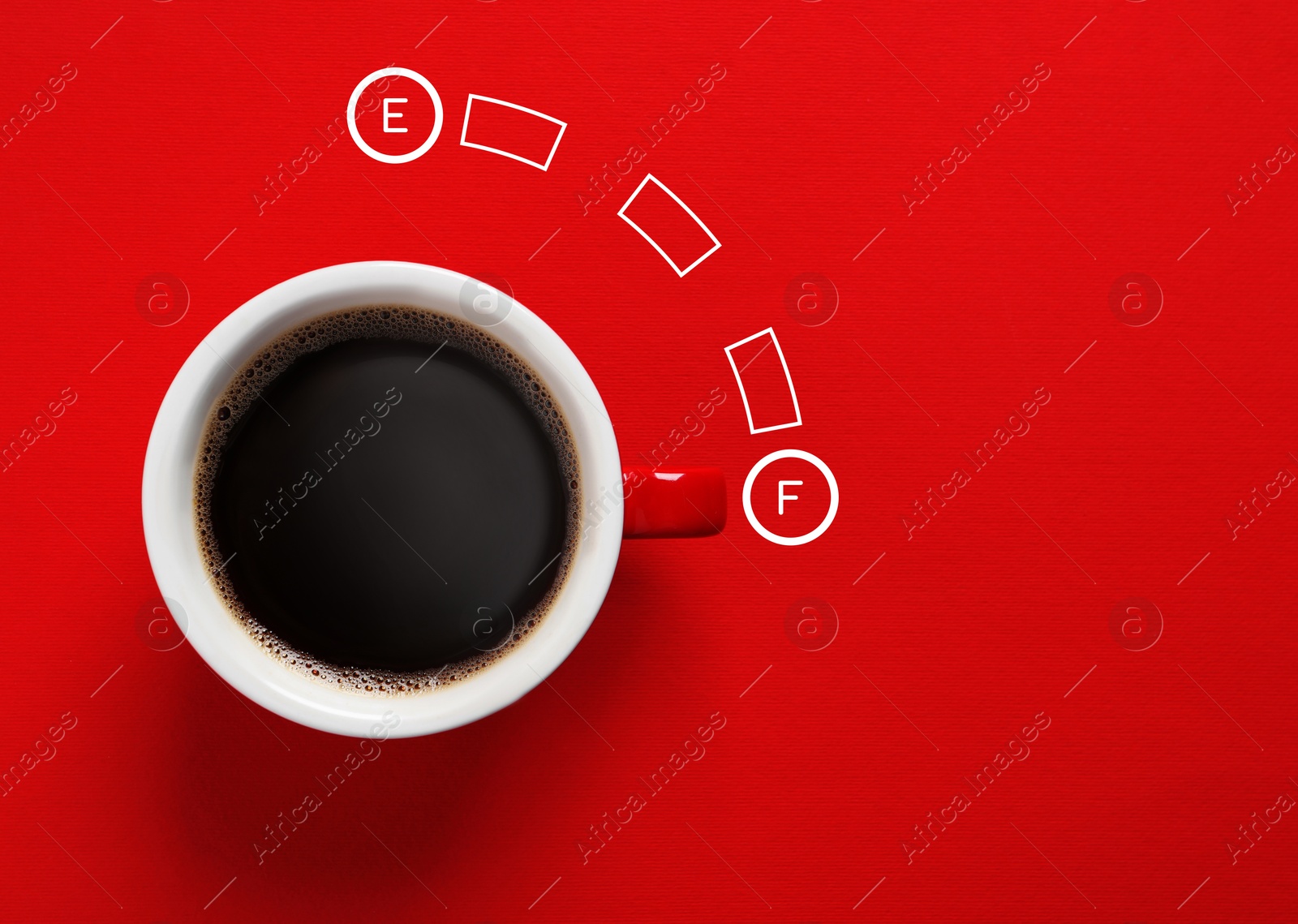 Coffee and fuel gauge scale on red background, top view. Handle of cup pointing at Full mark. Energizing property of caffeine Image of Coffee and fuel gauge scale on red background, top view. Handle of cup pointing at Full mark. Energizing property of caffeine
