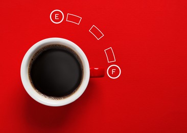 Image of Coffee and fuel gauge scale on red background, top view. Handle of cup pointing at Full mark. Energizing property of caffeine