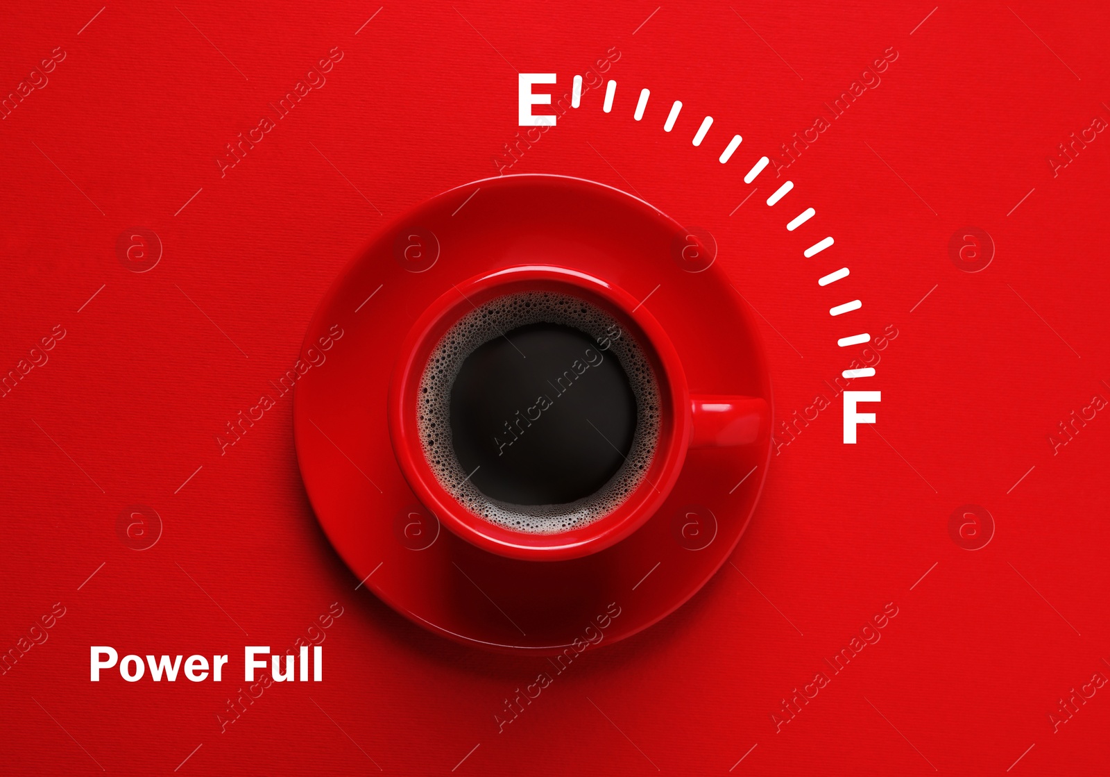 Coffee and power gauge scale on red background, top view. Handle of cup pointing at Full mark. Energizing property of caffeine Image of Coffee and power gauge scale on red background, top view. Handle of cup pointing at Full mark. Energizing property of caffeine