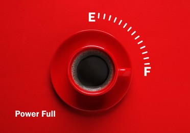 Image of Coffee and power gauge scale on red background, top view. Handle of cup pointing at Full mark. Energizing property of caffeine