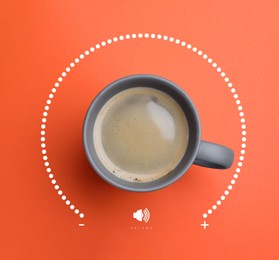 Image of Coffee and volume of energy gauge scale on dark orange background, top view. Handle of cup pointing at maximum area. Stimulating property of caffeine