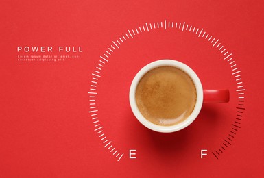 Image of Coffee and power gauge scale on red background, top view. Handle of cup pointing at Full area. Energizing property of caffeine