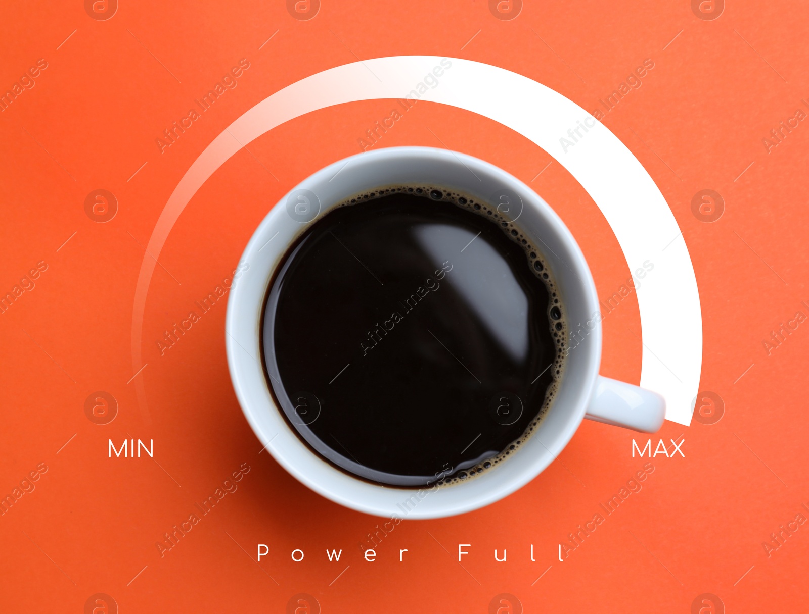 Coffee and power gauge scale on coral background, top view. Handle of cup pointing at maximum. Energizing property of caffeine Image of Coffee and power gauge scale on coral background, top view. Handle of cup pointing at maximum. Energizing property of caffeine