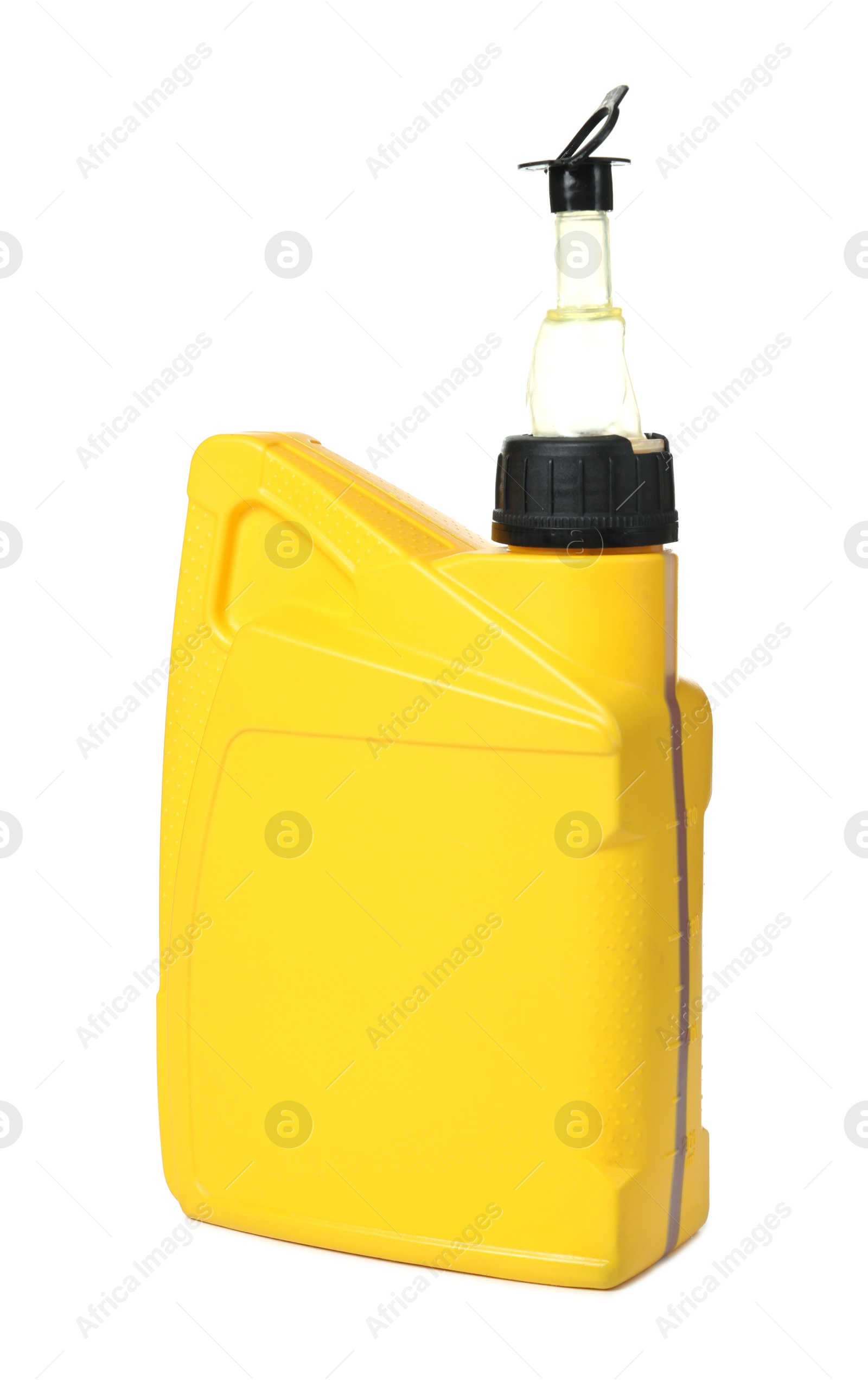 Motor oil in plastic canister isolated on white Photo of Motor oil in plastic canister isolated on white