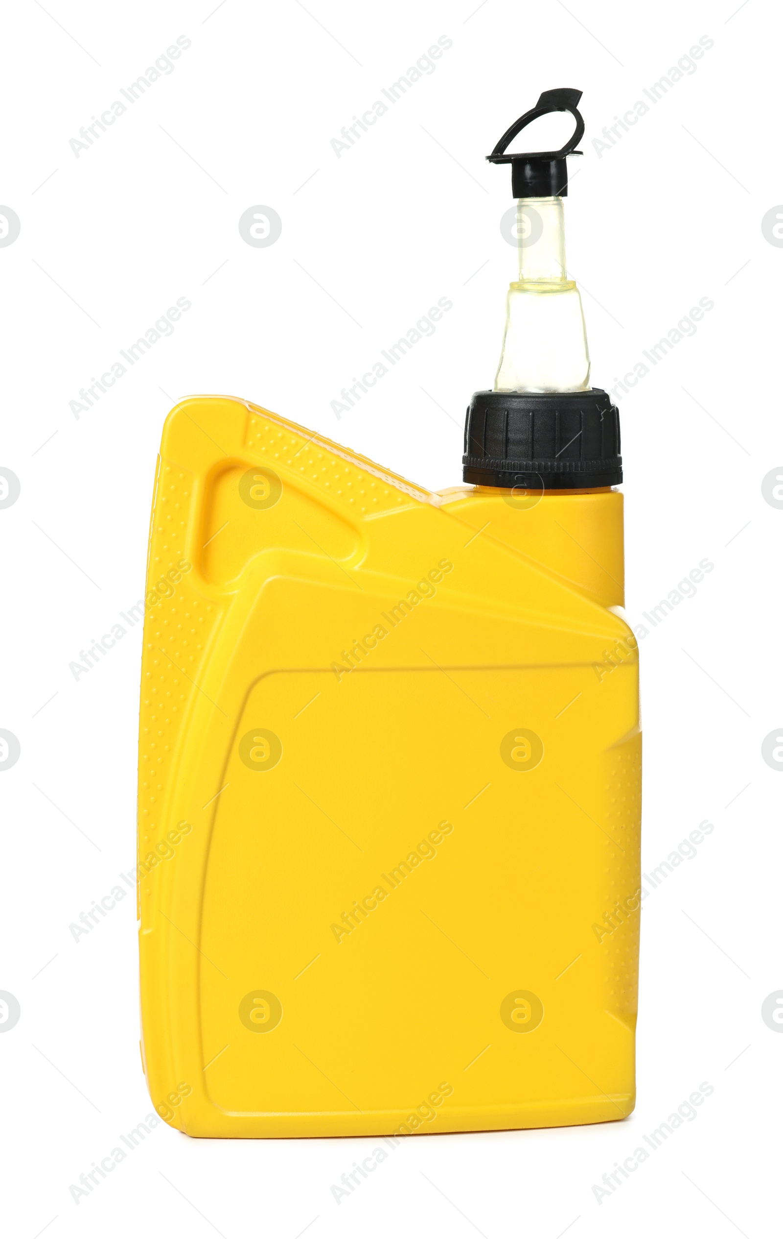 Motor oil in plastic canister isolated on white Photo of Motor oil in plastic canister isolated on white