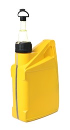 Photo of Motor oil in plastic canister isolated on white