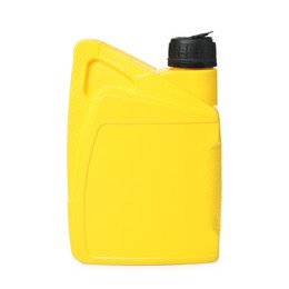 Photo of Motor oil in plastic canister isolated on white