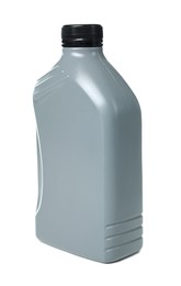 Photo of Motor oil in plastic canister isolated on white