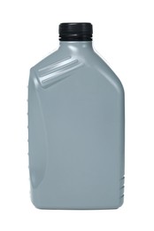 Photo of Motor oil in plastic canister isolated on white