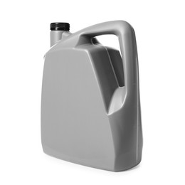 Photo of Motor oil in plastic canister isolated on white