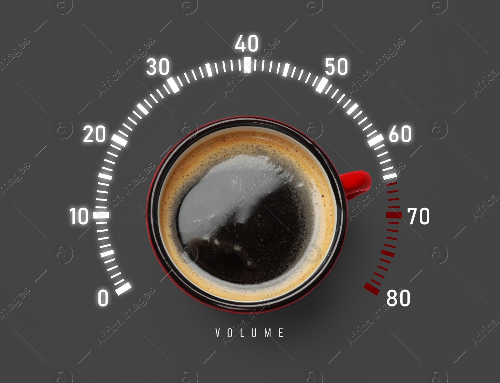 Coffee and volume of energy gauge scale on grey background, top view. Handle of cup pointing at maximum area. Stimulating property of caffeine Image of Coffee and volume of energy gauge scale on grey background, top view. Handle of cup pointing at maximum area. Stimulating property of caffeine