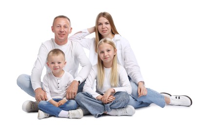 Photo of Full length portrait of happy family on white background