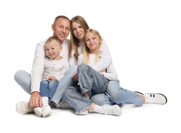 Photo of Full length portrait of happy family on white background
