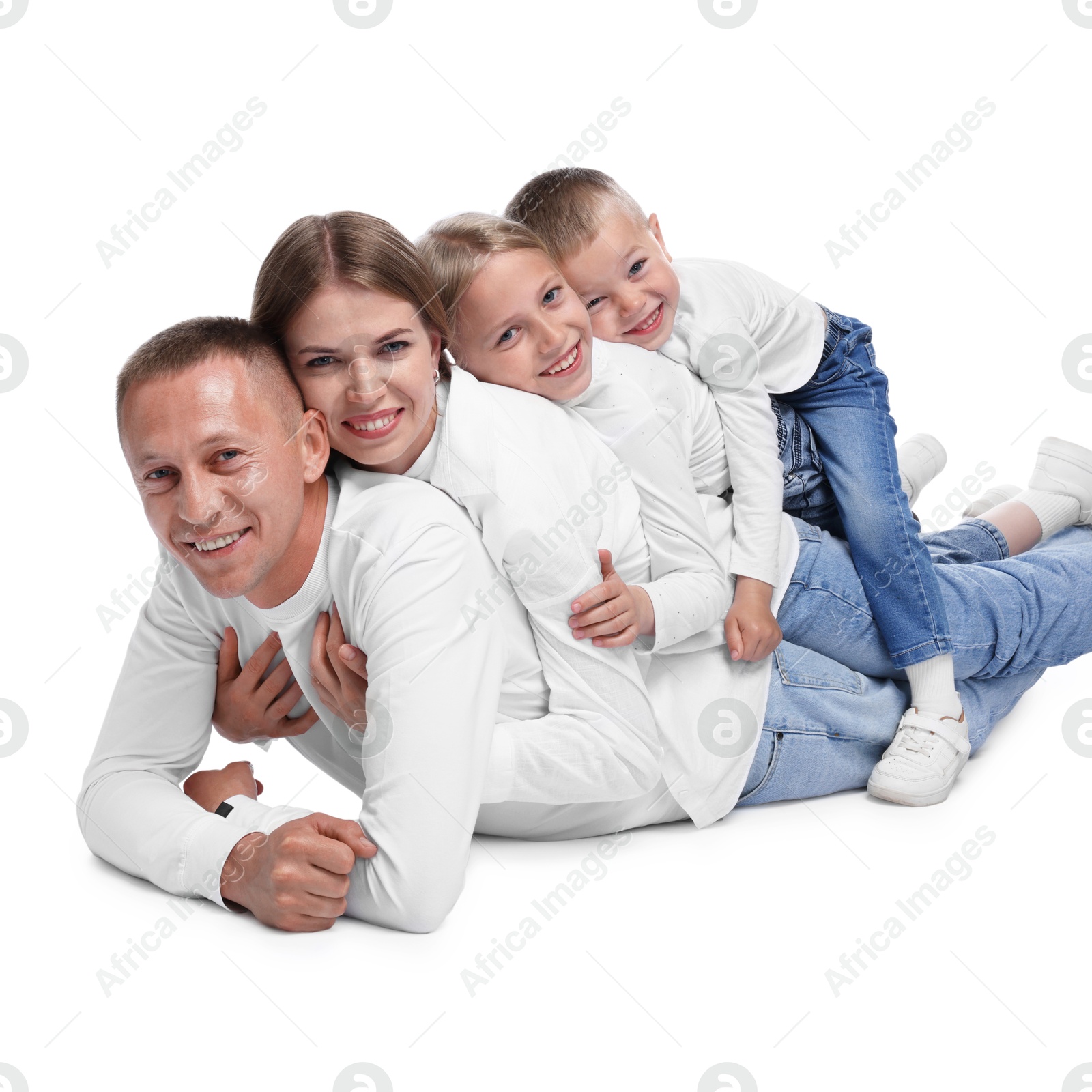 Family portrait of happy parents and their children on white background Photo of Family portrait of happy parents and their children on white background