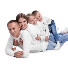 Photo of Family portrait of happy parents and their children on white background