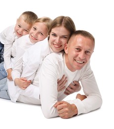 Photo of Family portrait of happy parents and their children on white background