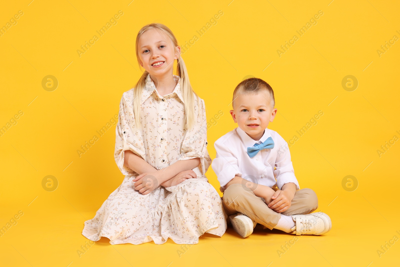 Happy brother and sister on yellow background Photo of Happy brother and sister on yellow background