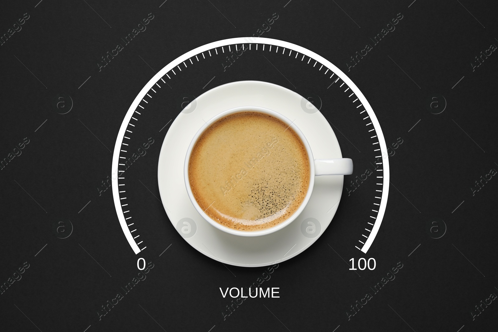 Coffee and volume of energy gauge scale on black background, top view. Handle of cup pointing at maximum area. Stimulating property of caffeine Image of Coffee and volume of energy gauge scale on black background, top view. Handle of cup pointing at maximum area. Stimulating property of caffeine